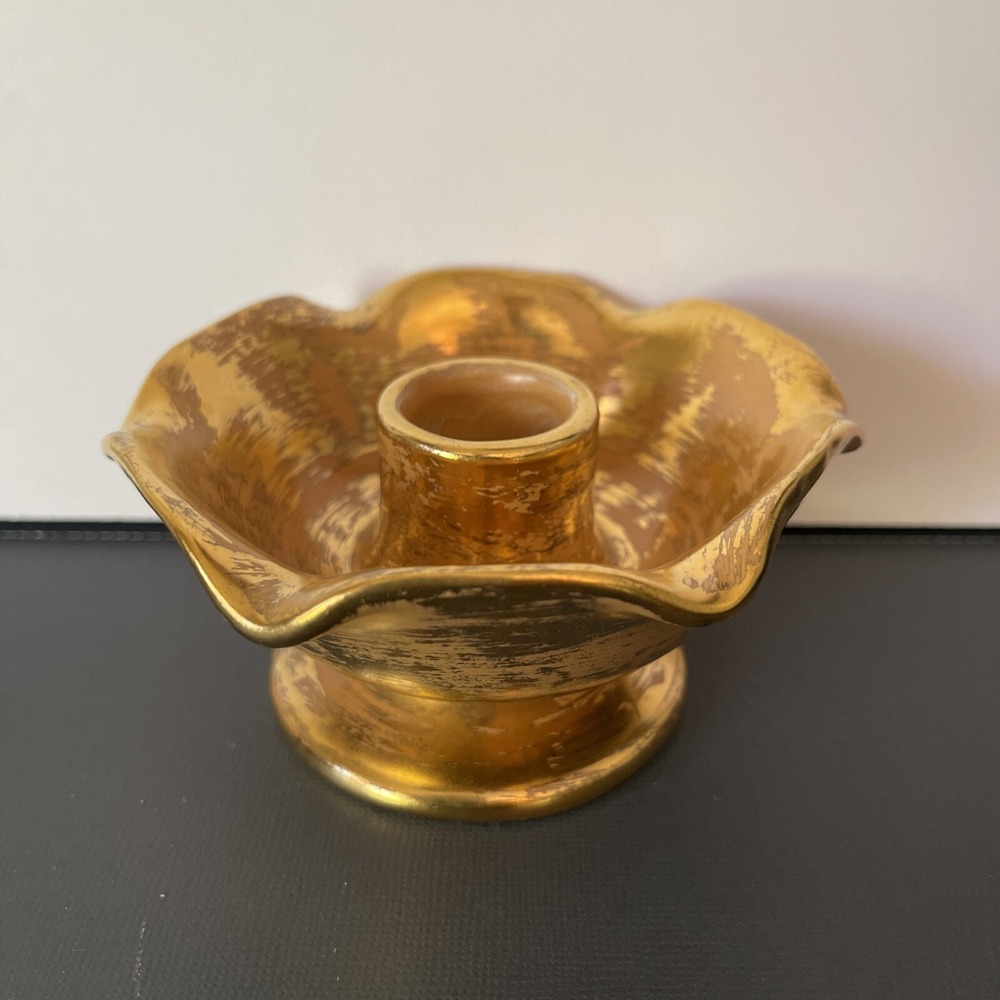 Vtg Stangel Art Pottery Candle Holder Candlestick Brush Gold Peach Coral Set 50s